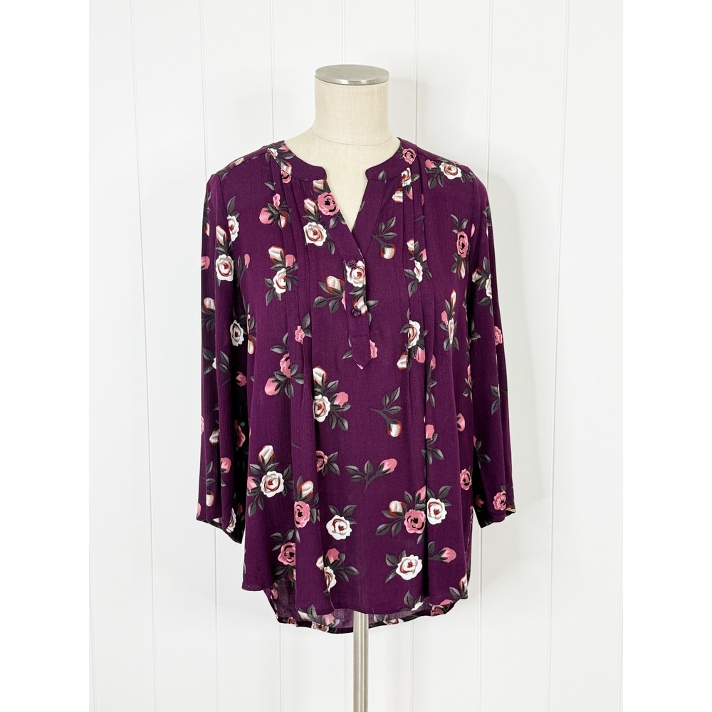 Monday Fun Purple Floral Rose Tunic Blouse NWOT Women Size M Long Sleeve Boho